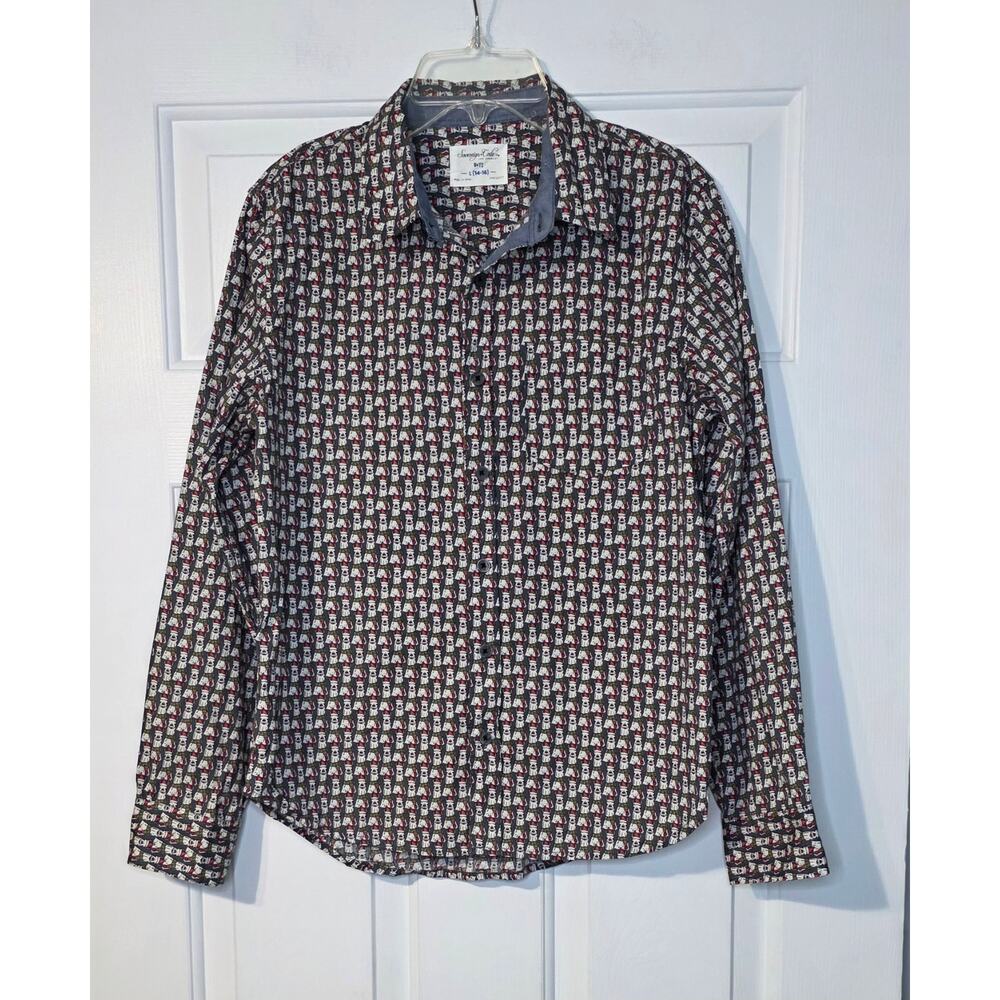 Sovereign Code Boys L 14/16 Christmas Dogs Santa Hat Button‎ Long Sleeve Shirt